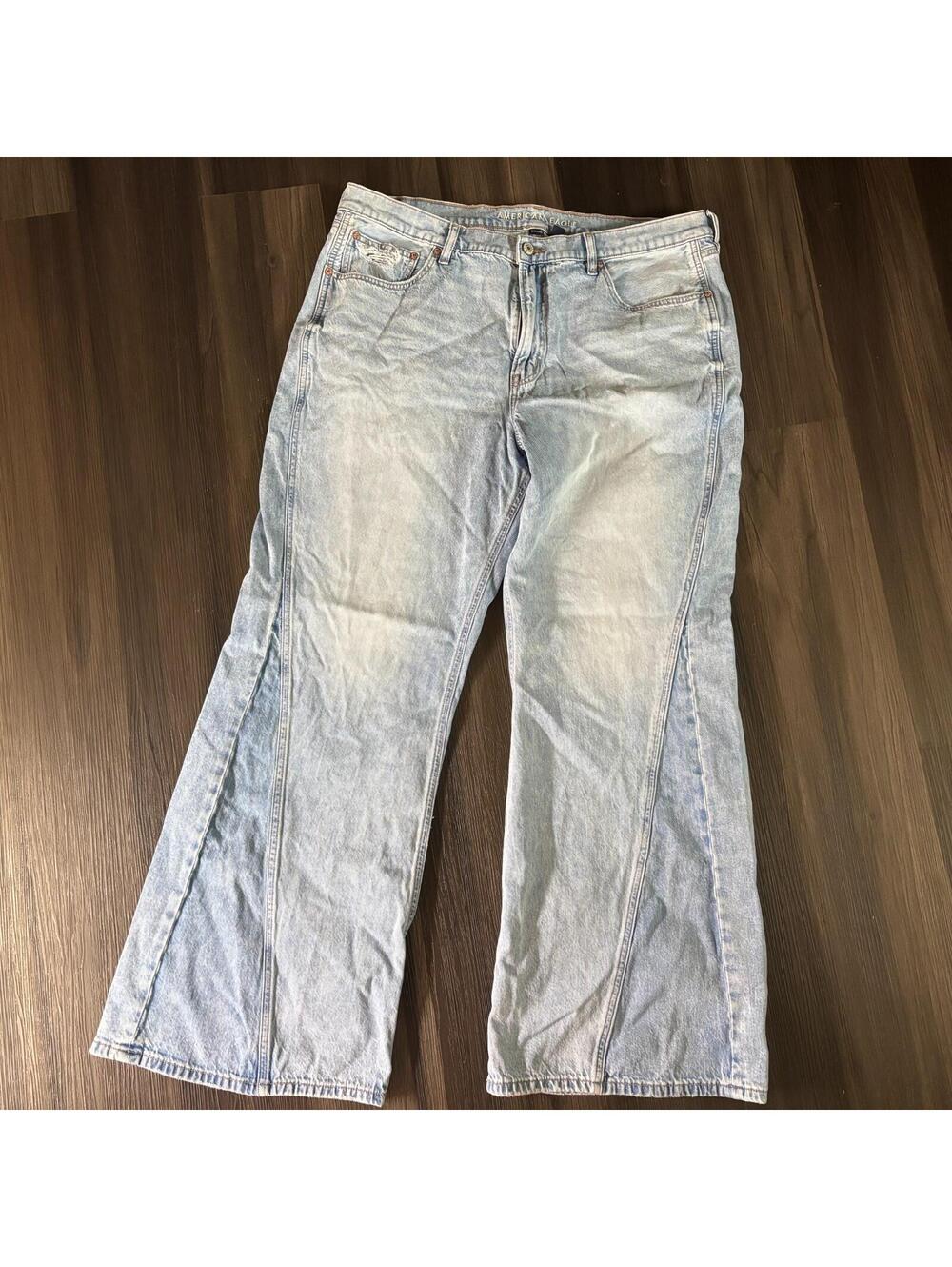 American Eagle Low Rise Baggy Flare Jeans Sz 18 Patchwork Boho Festival Wide Leg